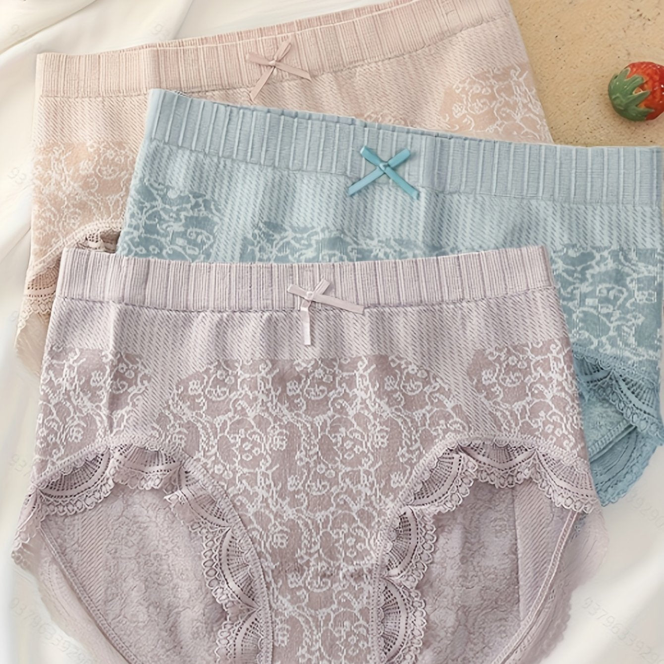 3pcs Floral Lace Women's Panties with Bow Detail in Light Purple, Blue, and Lavender - Nylon Blend, Seamless Knit Briefs, Comfortable and Cute