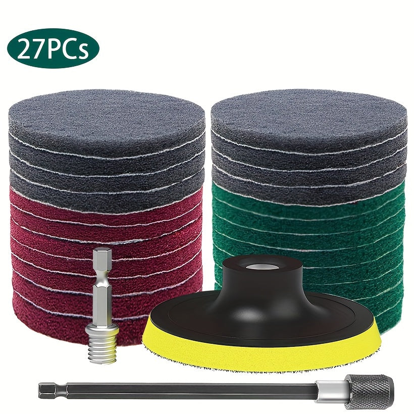 Set of 27 pieces, Power Scrubber Pads Drill Brush Attachment, 10.16 cm Headlight Restoration Kit Drill Brush Scouring Pads for Kitchen, Bathroom, Grout, Carpet, Shower, Tub, Grill, Tile, Sanding. Drill not included. Includes cleaning supplies and tools.