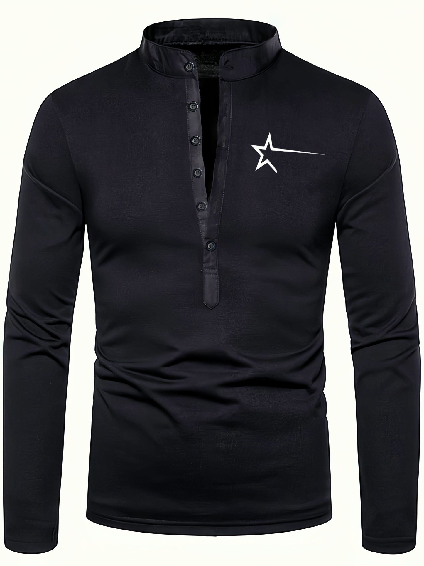 Men's slim fit half zip top with stand collar and button detail, made of polyester and spandex knit fabric with medium stretch, suitable for spring/fall season.