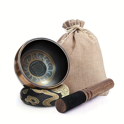 Tibetan Copper Singing Bowl Set with Hammered Design, Mallet & Bag - for Yoga, Meditation, Chakra Balancing