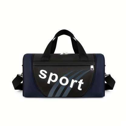 Unisex black nylon tote bag with adjustable shoulder strap and letter print for gym, yoga, sports, and leisure.