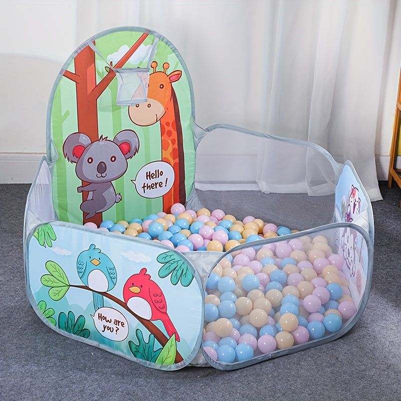 Pop-up play tent with ball pit for toddlers, featuring ocean ball fence and unique bird & dinosaur themes, made of polyester fabric and steel frame. Great gift for boys and girls aged 12