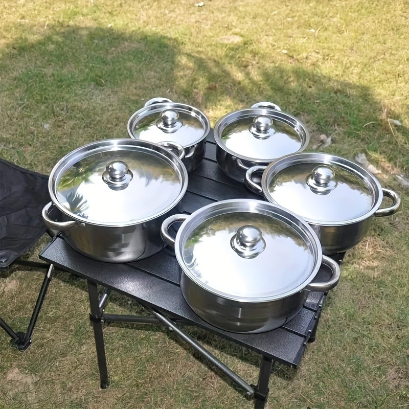 Set of 10 stainless steel saucepans, suitable for induction stovetops, includes deep soup pots with lids, ideal for home cooking and outdoor use. Portable cookware set.