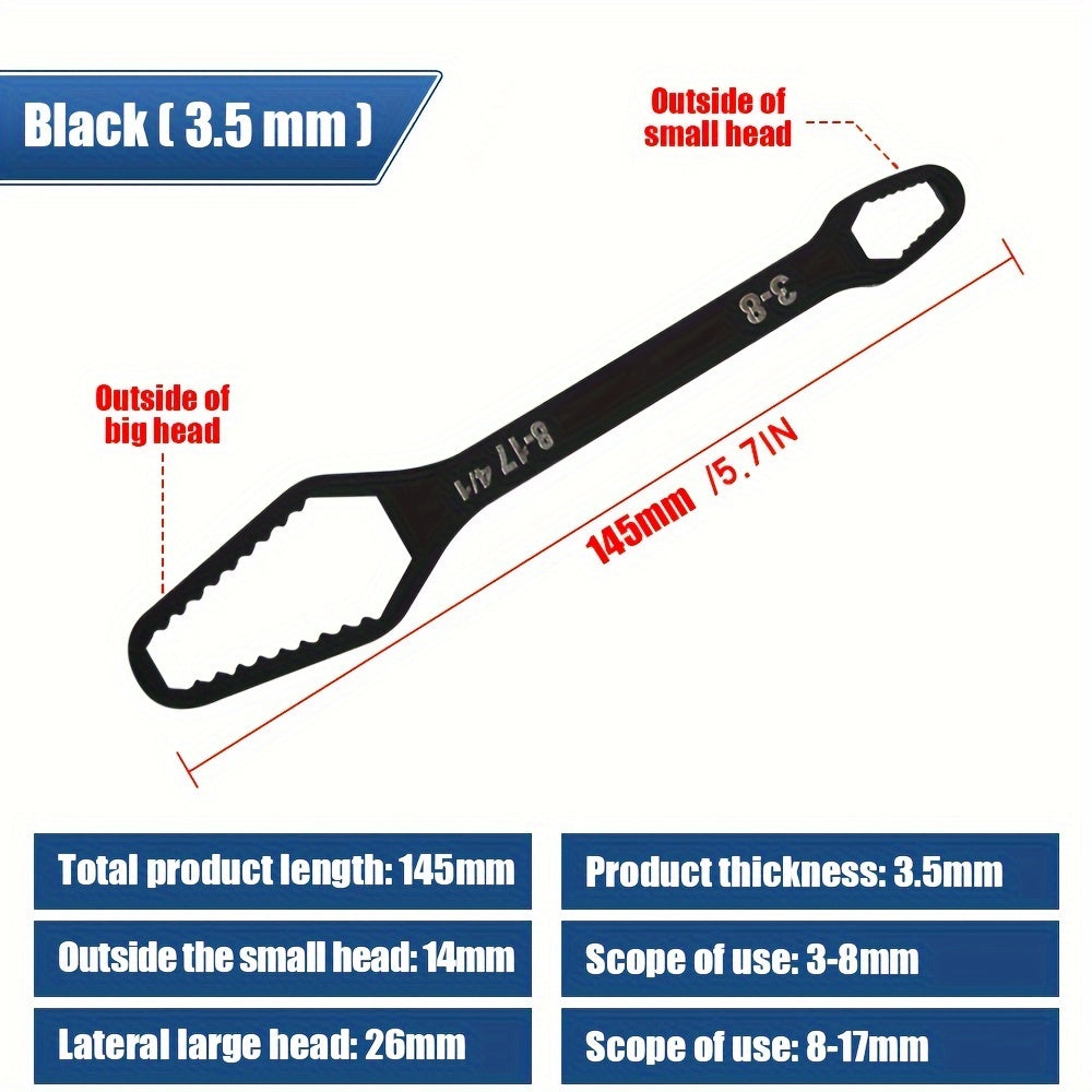 Double-ended plum wrench with 3.5mm thickness for tightening various screws and nuts. Suitable for diameters 8-22mm/3-17mm.