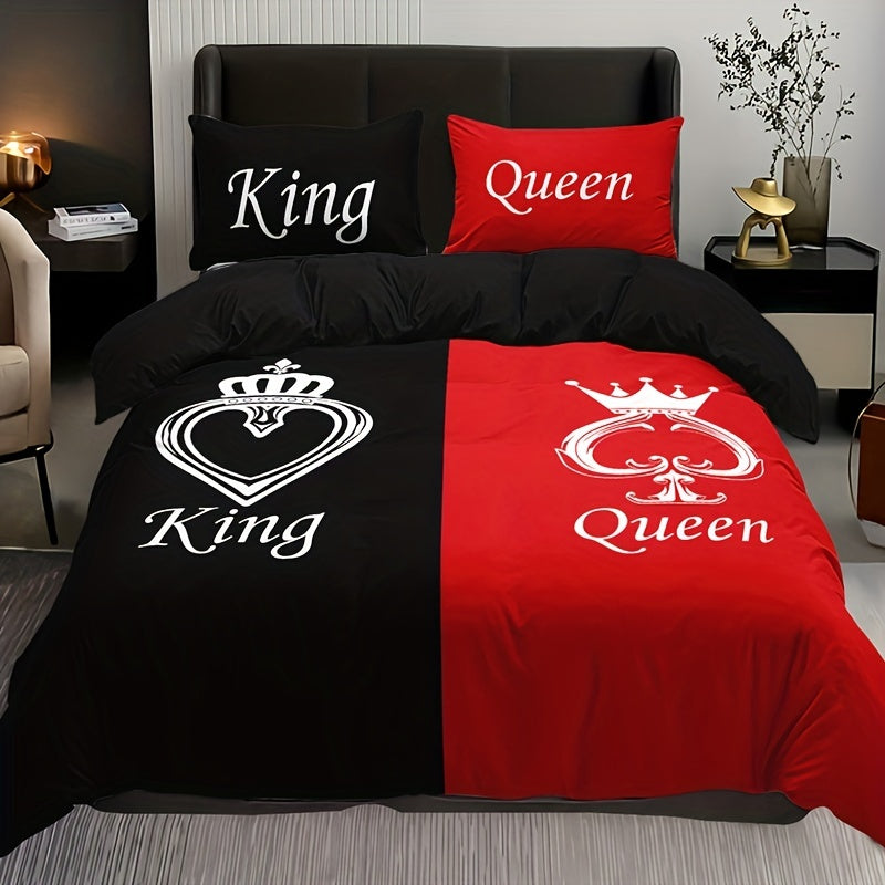 Black and red crown pattern bedding set includes 3 pieces: 1 duvet cover and 2 pillowcases. Soft and perfect for bedroom or guest room. Duvet cover set does not include core.