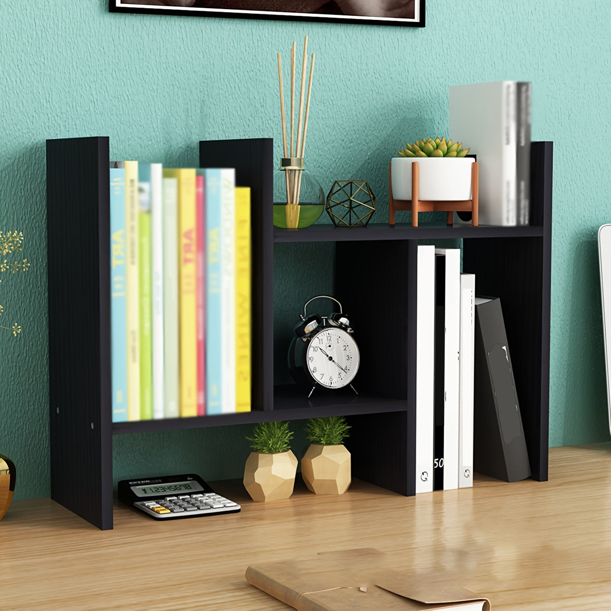 White wooden desk organizer with bookshelf for office and dorm storage; keeps workspace tidy.