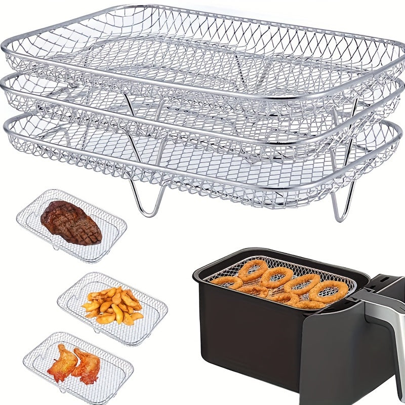 One set of air fryer accessories includes a three-layer square grill rack, steam rack, stainless steel stackable rack, dehydration rack, barbecue basket, barbecue rack, drainage basket, filter rack, food frying basket, and oil brush.