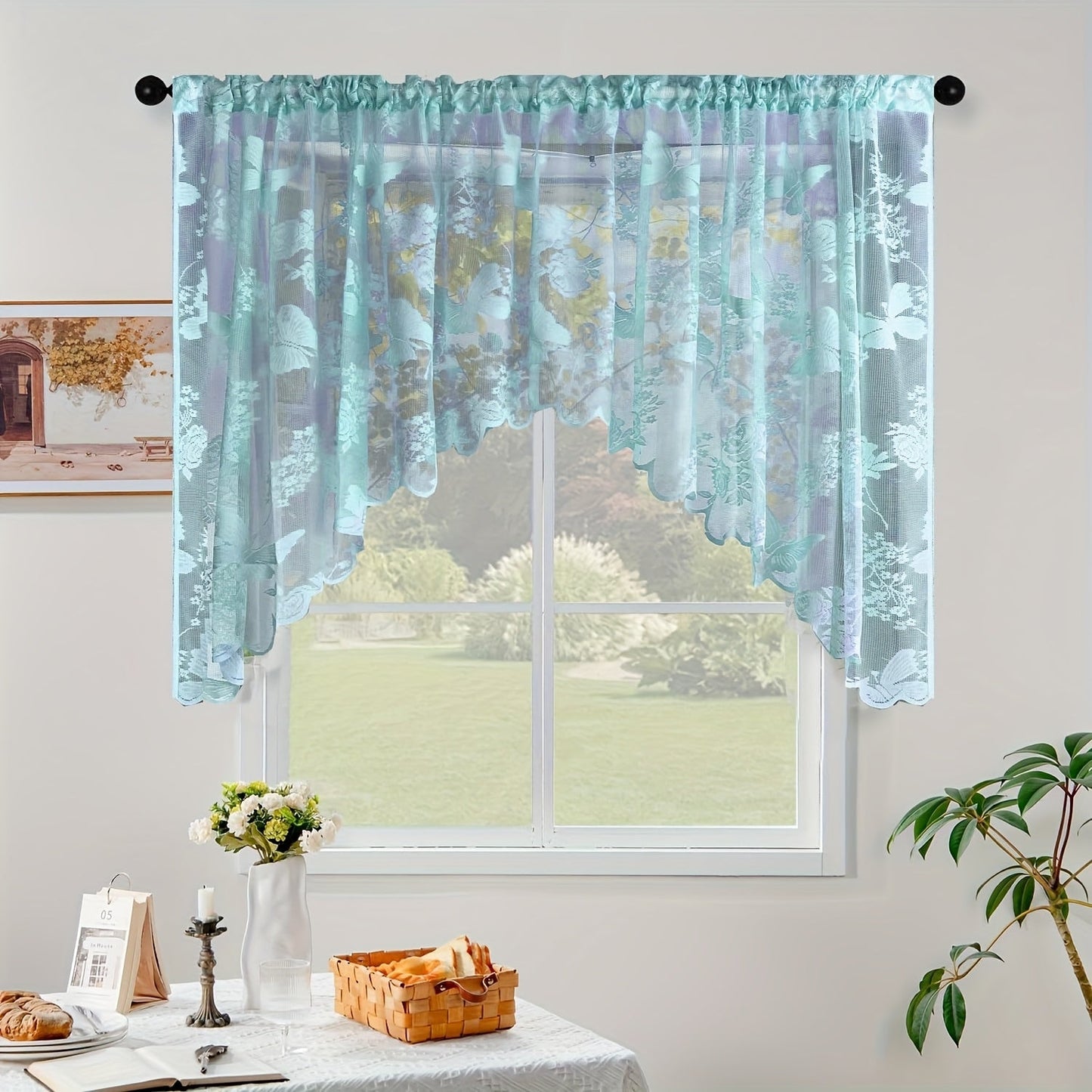 White/Blue/Purple Butterfly Flower Plant Pattern Sheer Curtain Tulle Valance with Lacework Tassel Design, Perfect for Kitchen Cafe or Bedroom. Rod Pocket Style for Easy Hanging in Bedroom, Living Room, or Home Decor.