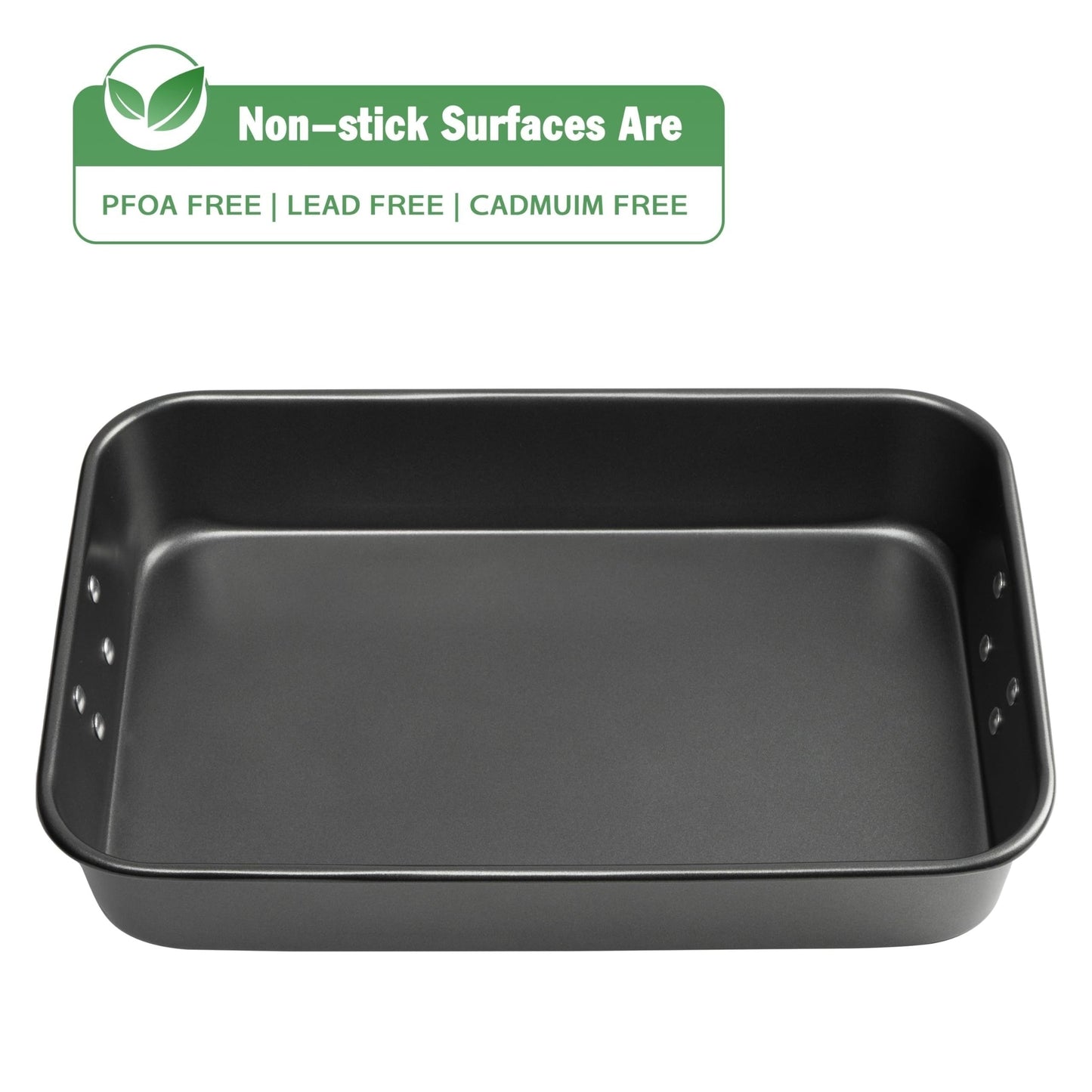 Non-stick roasting pan with handles measuring 38.1x25.4 cm, this heavy-duty square baker is PFOA/Lead/Cadmium free. The oven-safe rectangular cake pan is perfect for making brownies and lasagna, and can be used without power.