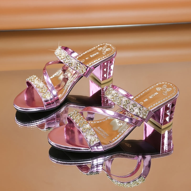 Women's rhinestone sandals with block heel and glitter slides