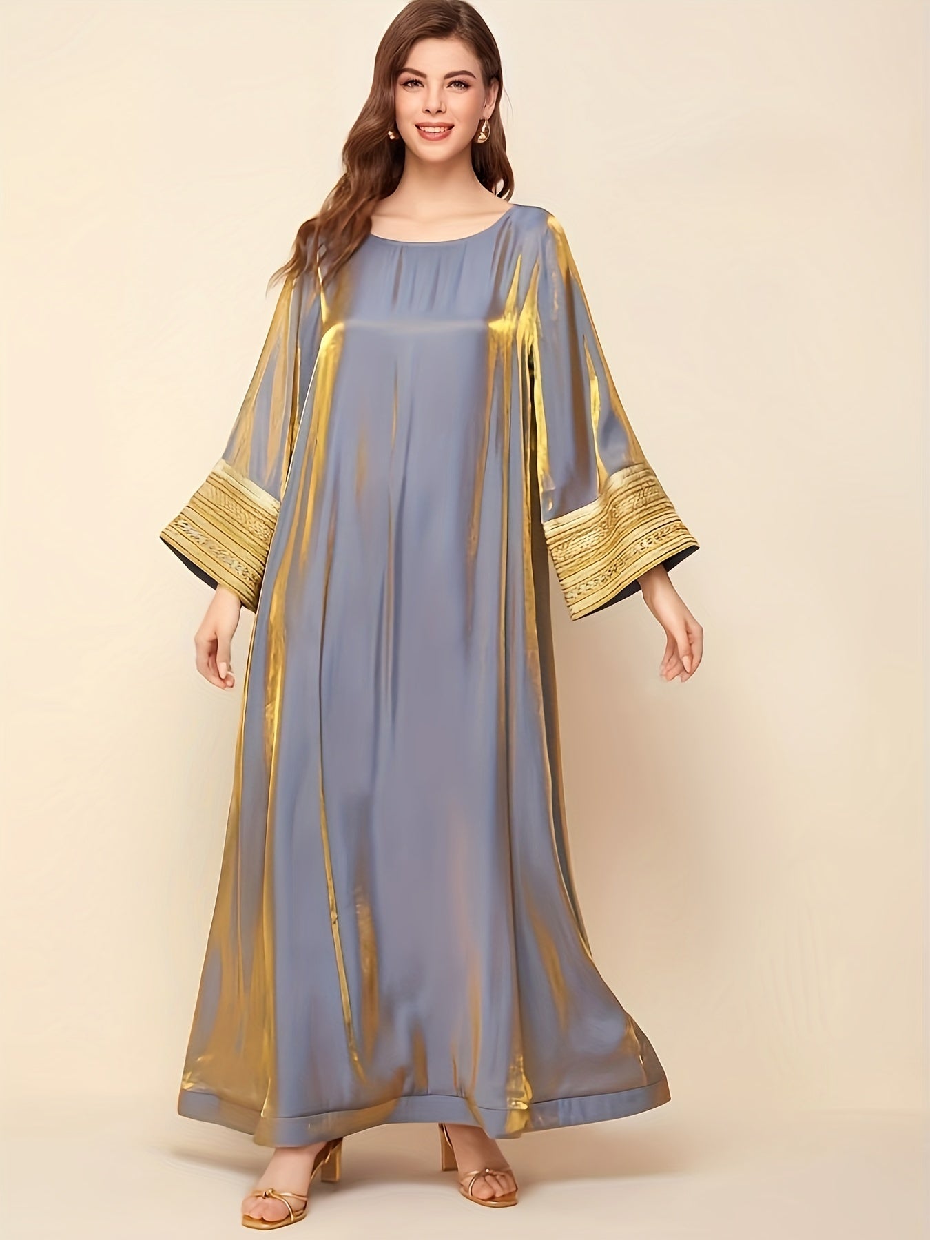 Lace trim crew neck kaftan dress with long sleeves and loose fit maxi silhouette for women.