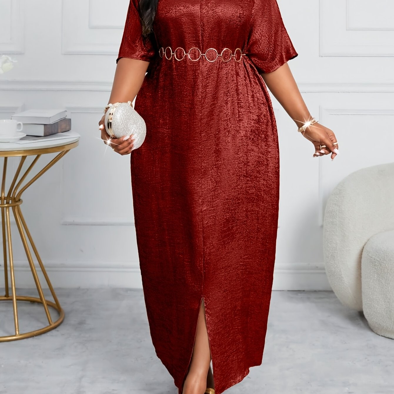 V-neck Plus Size Birthday Party Dress with Short Sleeves and Shiny Slit Skirt