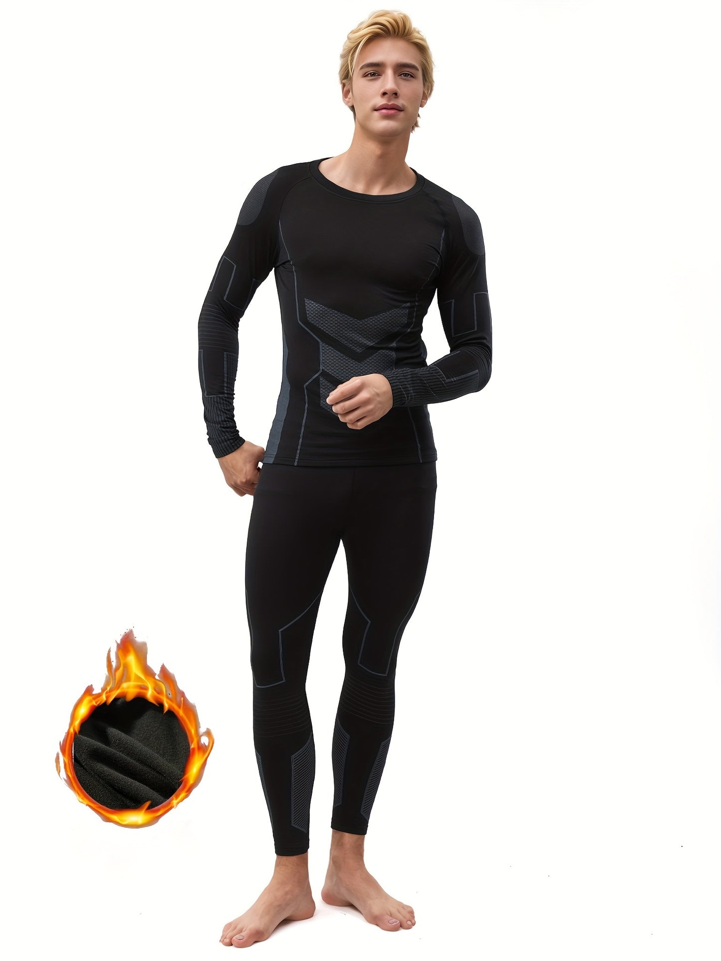 Men's thermal underwear set made of a polyester/spandex blend with tight-fitting, breathable, quick-drying knit fabric for daily wear in autumn/winter.