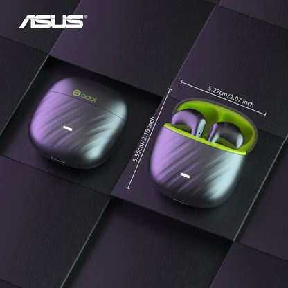 Asus wireless earbuds with microphone, long battery life and charging case for gaming and music.