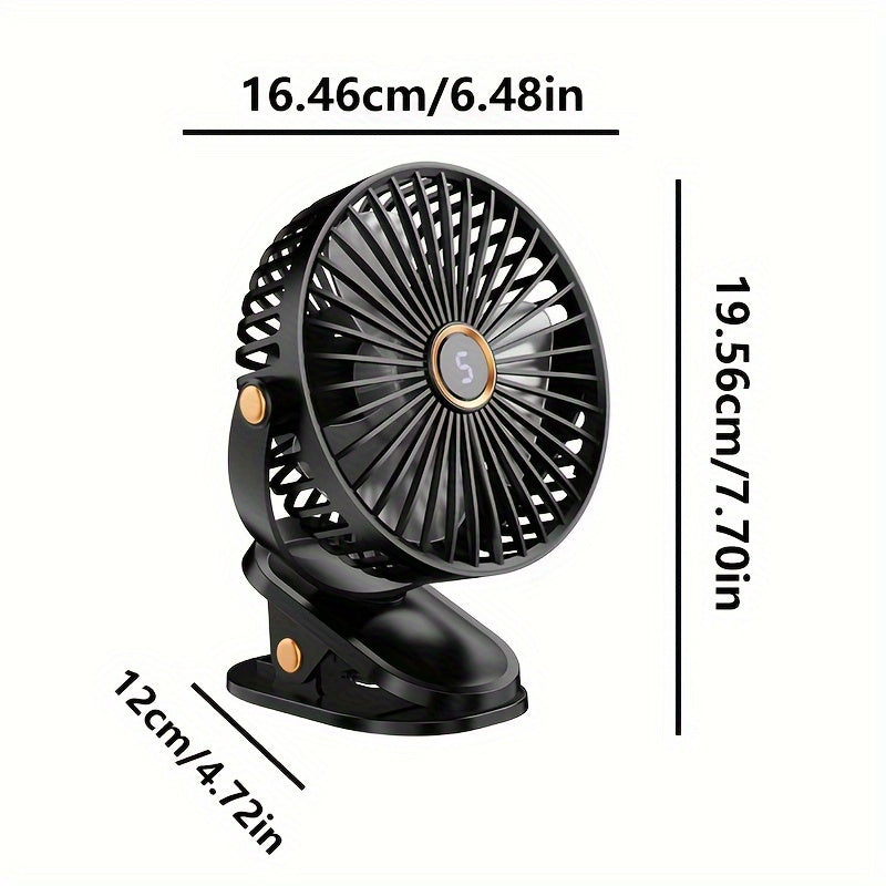 Black Portable Clip-On Fan with 360° Rotatable design is perfect for various settings such as outdoor camping, golf carts, strollers, and home offices. This silent mini table fan offers 5-speed settings and features a built-in lithium battery with