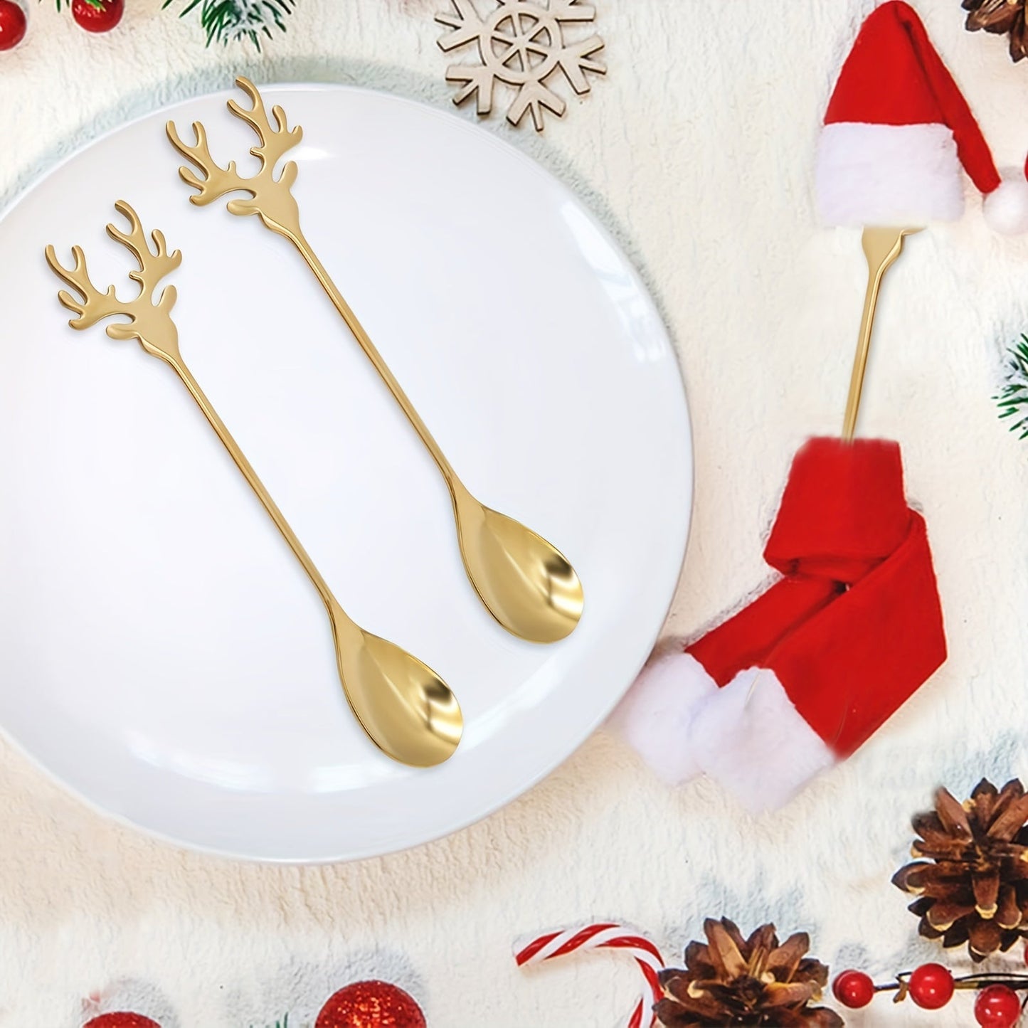 Collection of six festive holiday coffee spoons with a golden Christmas theme, showcasing a charming reindeer head motif crafted from durable stainless steel. Ideal for stirring espresso or tea with seasonal flair.