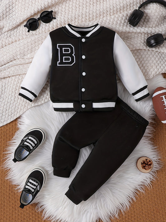 Baby boys' baseball jersey set with letter pattern, including coat top and pants for winter/fall outdoor wear.