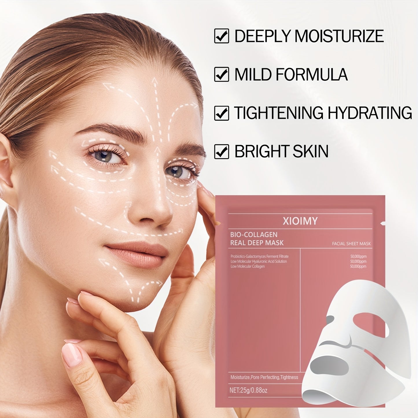 XIOIMY 5-Pack Unisex Adult Collagen Facial Masks hydrate and brighten skin with lemon fragrance, alcohol-free, and rich in hyaluronic acid for all skin types.