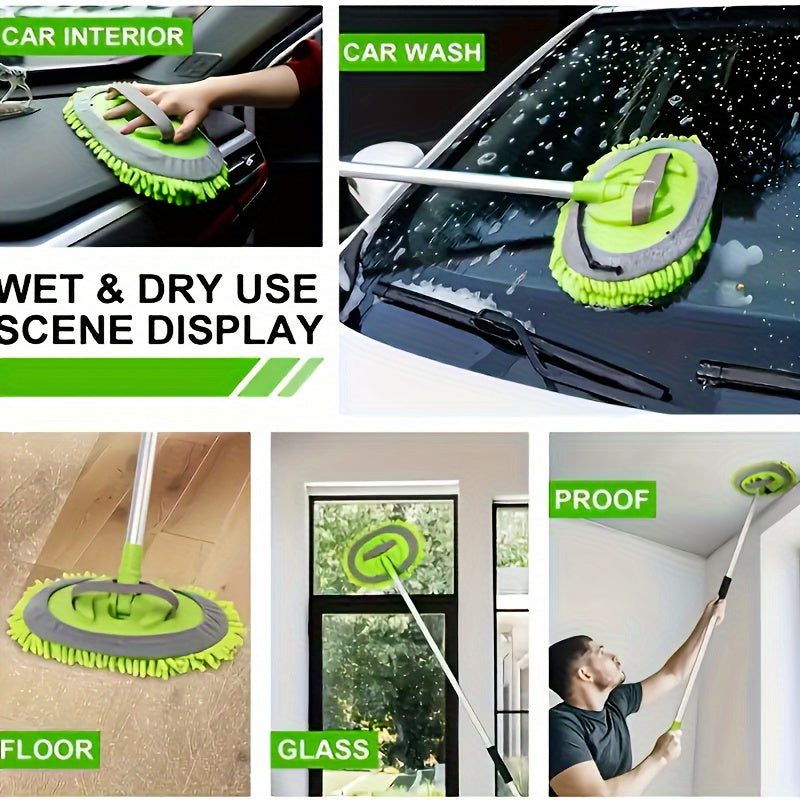 Extendable Car Wash Mop for effective vehicle detailing and care, with ultra absorbent microfiber chenille head and durable long handle, ideal for home windows. Color: Green & Black.