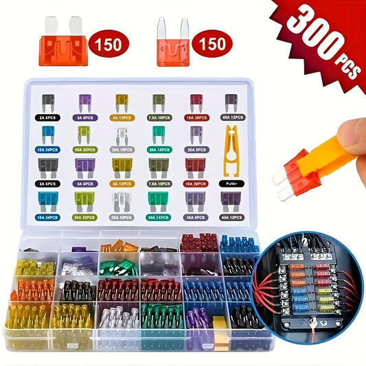 Car blade fuse assortment kit with multiple specifications ranging from 2A to 40A, suitable for various vehicles. Includes a box for storage.