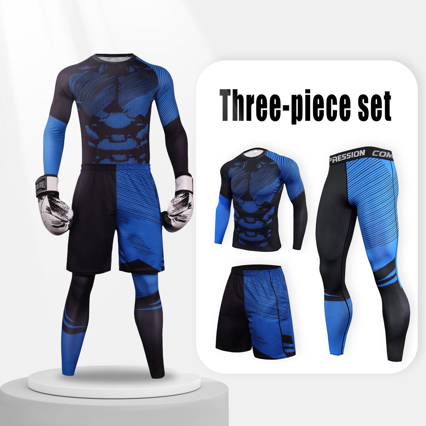 3-piece men's athletic body shaper set in breathable polyester and spandex, featuring long sleeve, round neck, and knitted casual style with random print design.