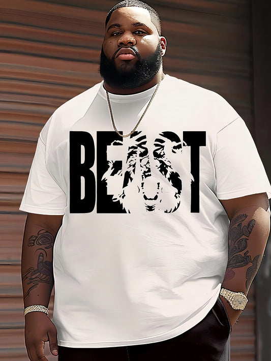 BEAST Print Men's Plus Size Cotton T-shirt, Casual Tops for Daily Wear, Practical Gift for Men