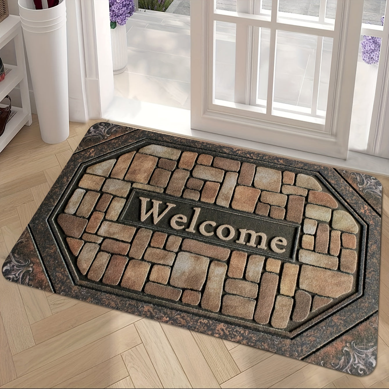 Polyester Welcome Doormat with Non-Slip Rubber Backing - Rectangle Entrance Carpet with Painted Brick Design (Pebble Pattern) - Machine Washable for Indoor and Outdoor Use