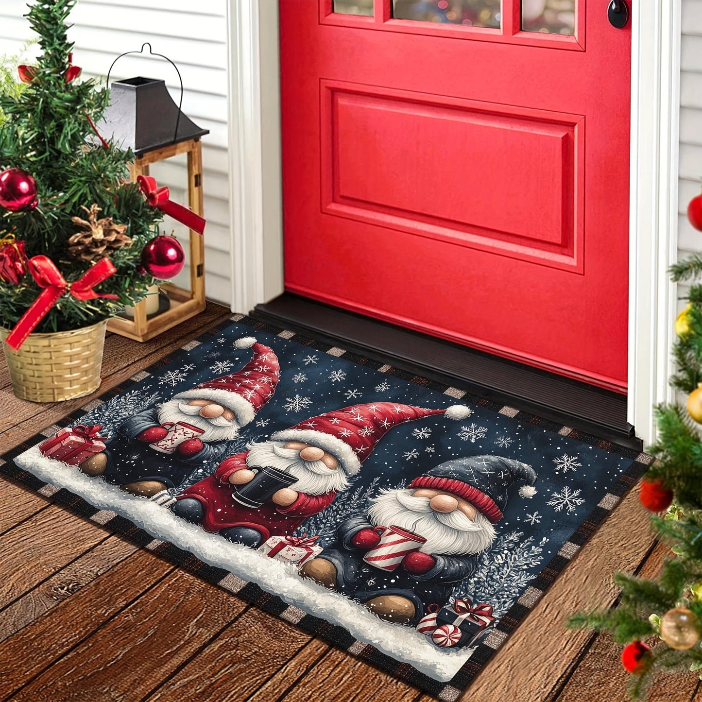 Get into the holiday spirit with the Festive Christmas Gnome Doormat! This non-slip, washable doormat is made of polyester with a rubber backing for durability. Machine-made in a rectangular shape, this welcome mat is perfect for home decor. Lightweight