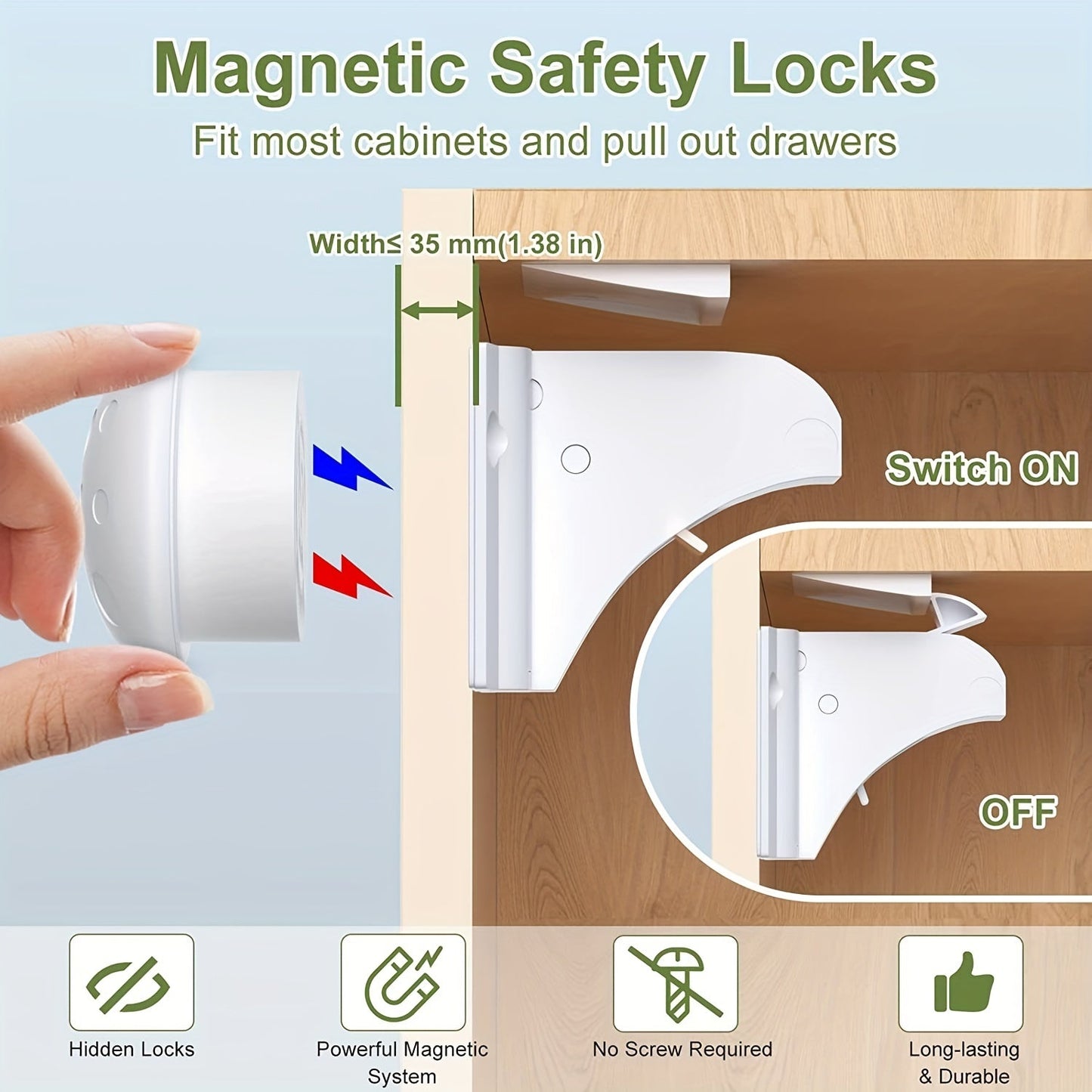 Protect your cabinets and drawers with this set of 12 safety magnetic locks, complete with 2 keys. No drilling required for installation, these locks provide childproofing and security. Easily invisible with adhesive backing, these magnetic cupboard