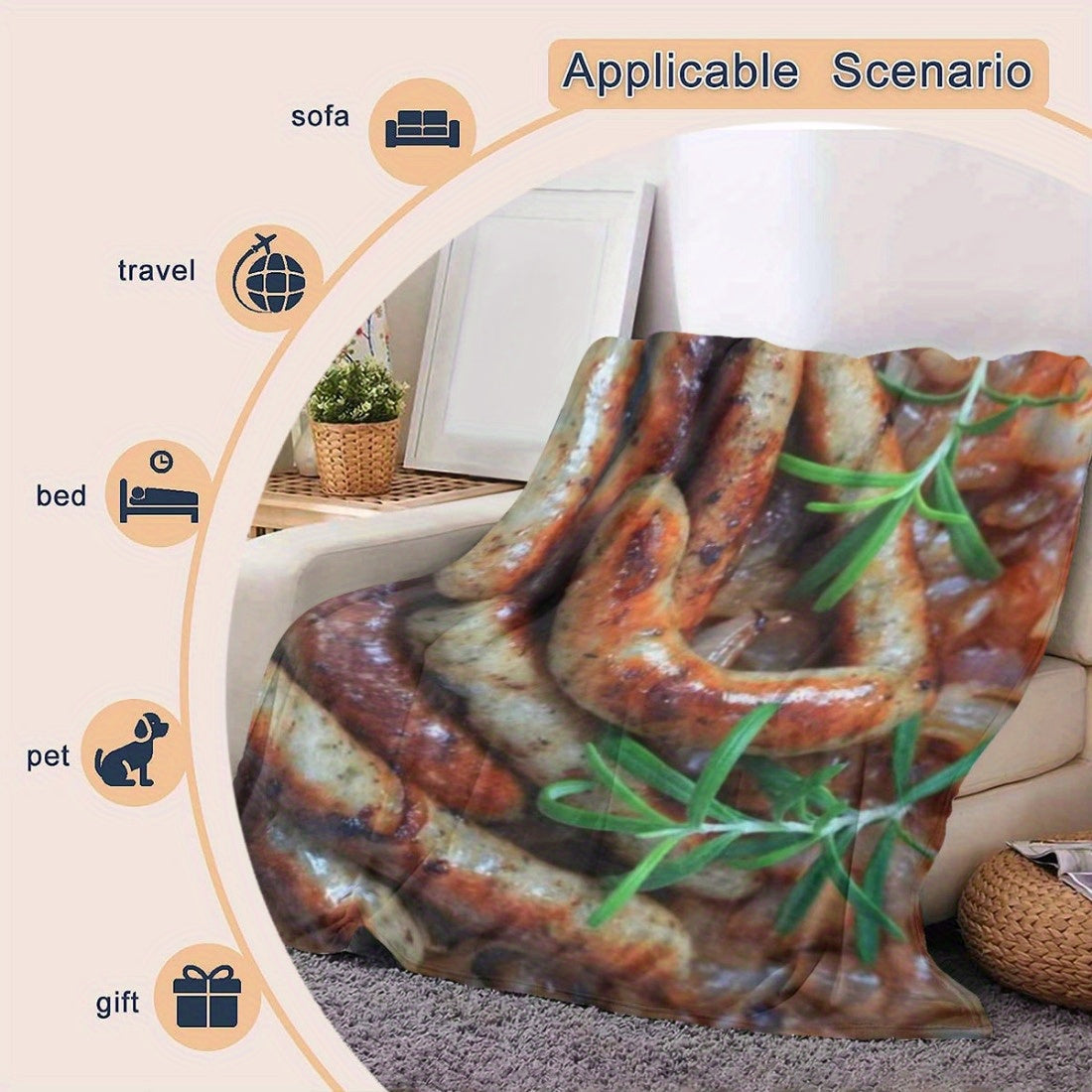 Ultra-soft flannel fleece throw blanket featuring a realistic 3D print of sausage and rosemary design. This cozy and plush blanket is perfect for adding a touch of comfort and style to your living room decor. Ideal for gifting on birthdays and Christmas