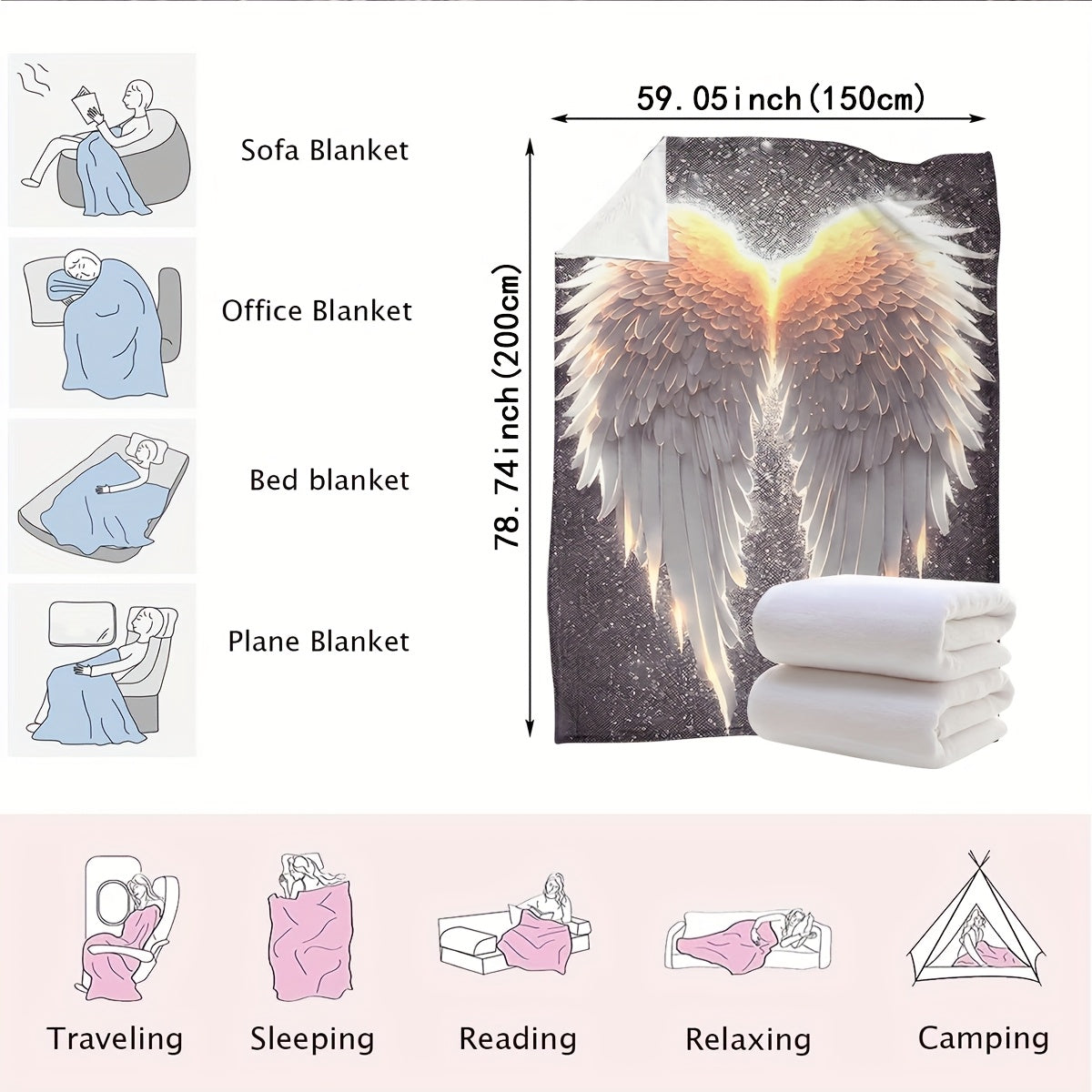 Contemporary Glowing Wings Print Flannel Blanket - Soft and Cozy Polyester Knit Throw for All Seasons, Perfect for Sofa, Travel, Bedroom, and Car - Lightweight and Vibrant Digital Print Bedding Option, 200-250gsm