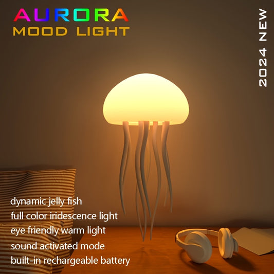 Jellyfish-shaped night light with color-changing, voice control, rotatable design. USB rechargeable with LED lights. Suitable for various uses, including office, bedroom, camping, outdoors.