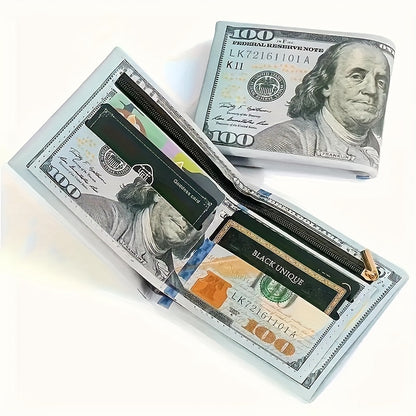 Retro dollar bill wallet with PU leather, credit card holder, zippered coin pouch, and foldable design for men.