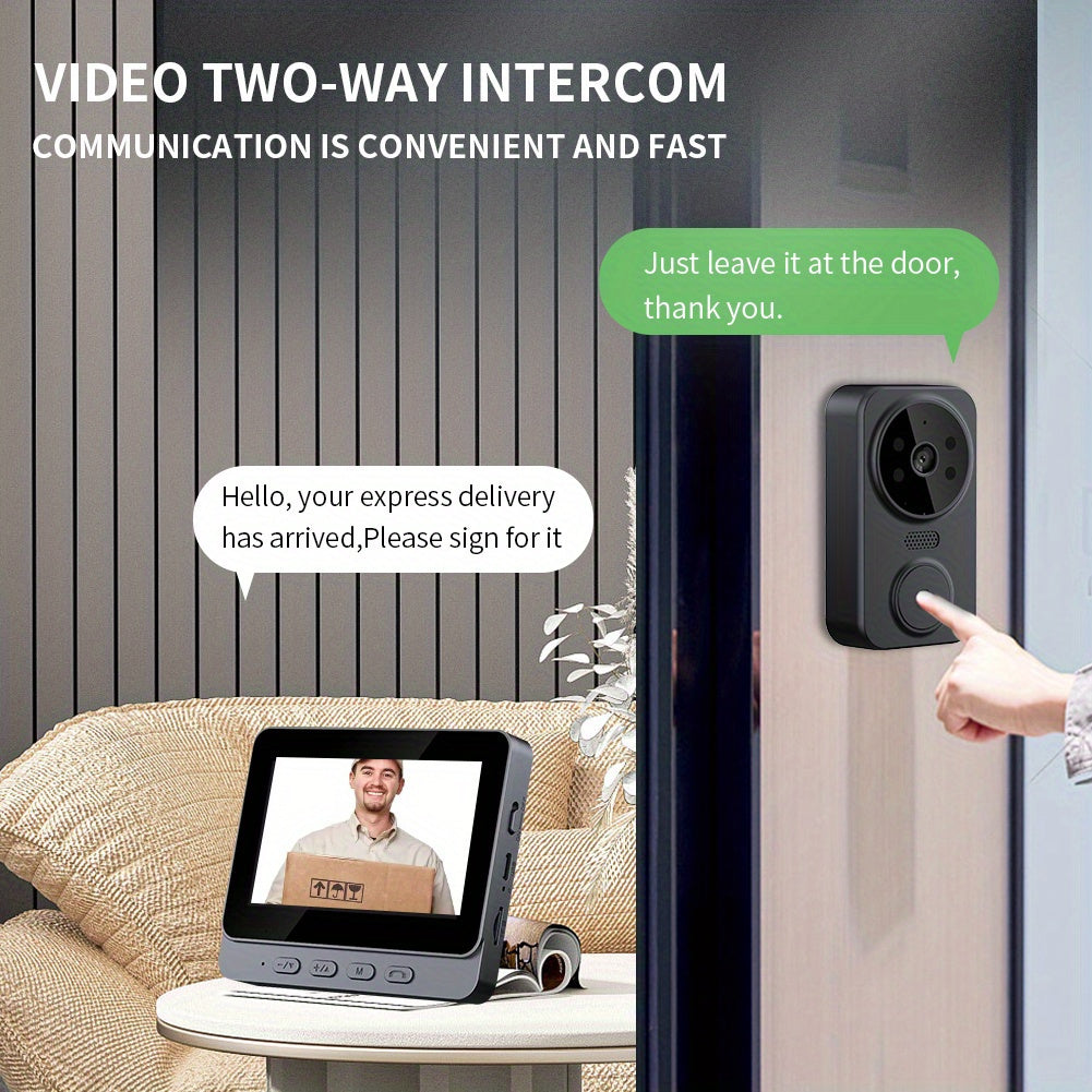 WiFi video doorbell with HD display, two-way audio, touch control, rechargeable battery, wall-mountable camera, night vision, no app needed.