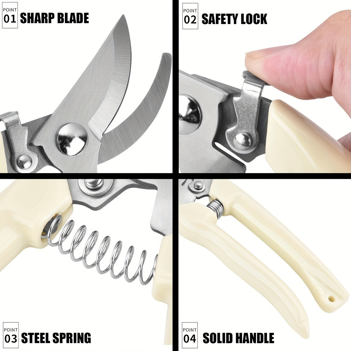 Set of garden pruning shears with sharp blades for cutting flowers, trimming plants, bonsai, and picking fruits.