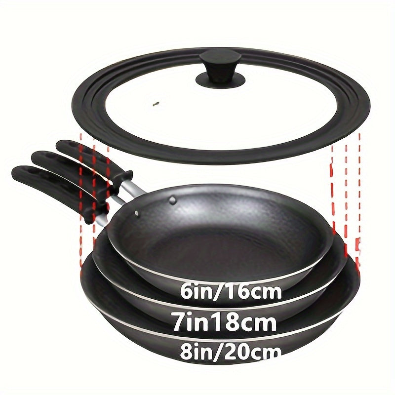 Universal pot and pan cover for kitchen made of 1pc multi-ply tempered glass lid with a heat resistant silicone ring. Fits 15.24cm-33.02cm cookware.