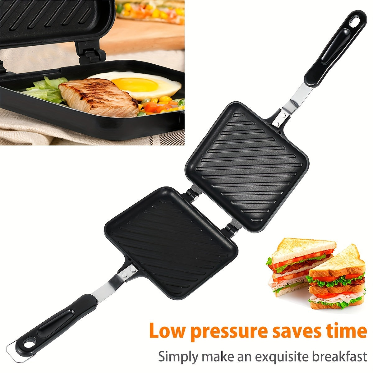 Double sided bread frying pan with non-stick surface and a barbecue plate. This versatile kitchen tool can be used as a sandwich toaster, mold, toastie maker, and waffle maker. It is heat-resistant and perfect for various purposes in the kitchen, school