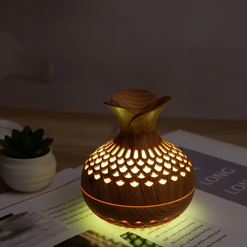 Wood Grain Aromatherapy Lamp & Humidifier: USB Powered, Improves Air Quality, Ideal for Any Room.