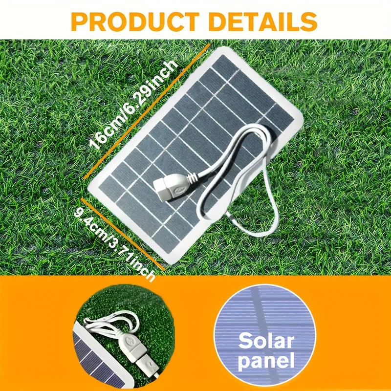 Portable outdoor solar USB charger with movable solar panel for charging phones, flashlights, and fans, ideal for travel, camping, and outings with pets.