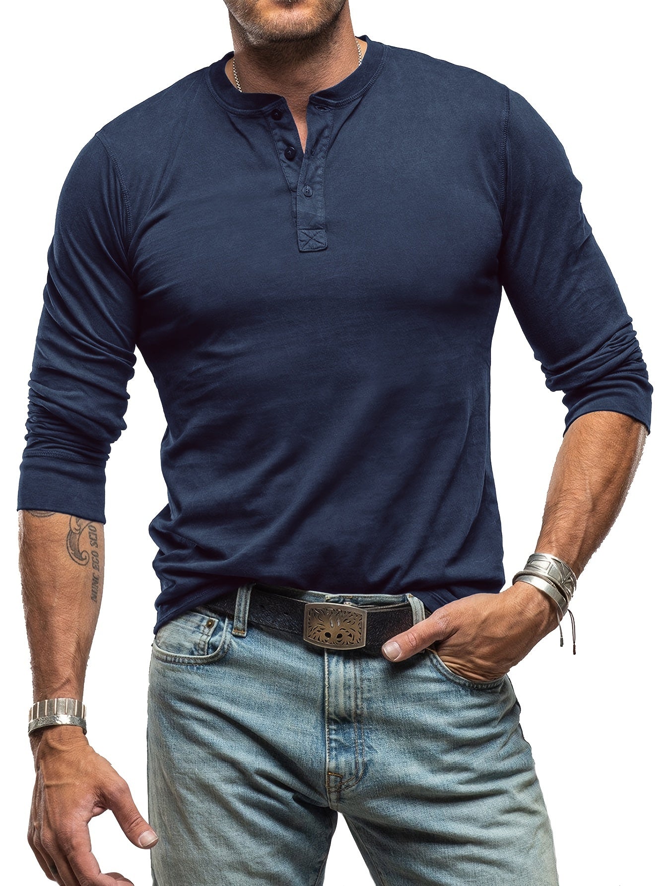 Amazon Men's Long Sleeve T-shirt, 100% Cotton Underwear, European and American Henley Shirt