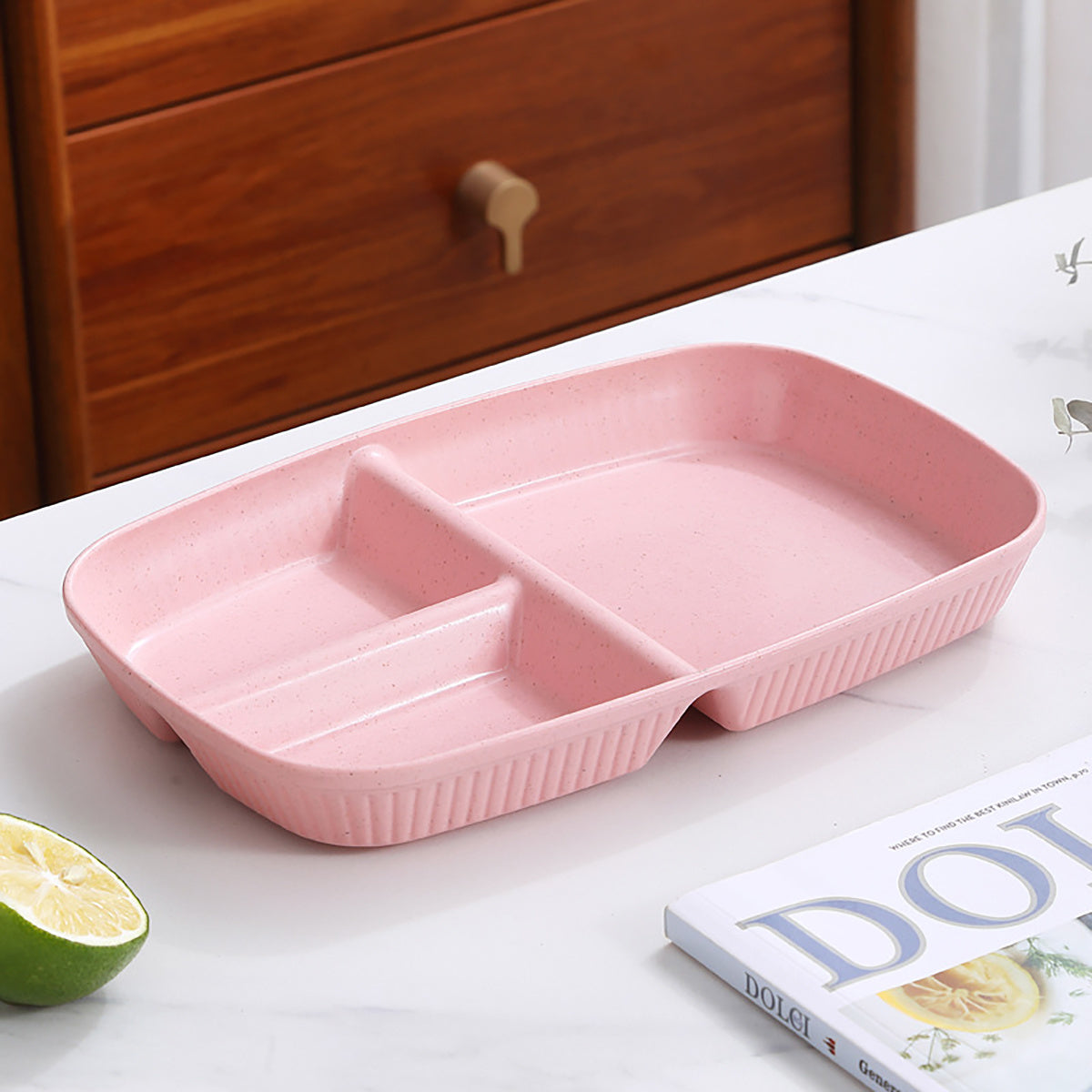 1-pc divided plates for portion control, including dessert and salad sections, made of microwave and dishwasher safe PP material.