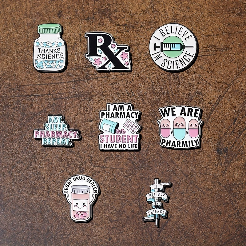 Set of 8 Enamel Brooch Pins - Made of Alloy Metal with Humorous Phrases, Unique Shapes, and Realistic Designs. Perfect for adding a fun touch to Backpacks, Coats, and Hats. Great gift for Pharmacy Students and Science Lovers.