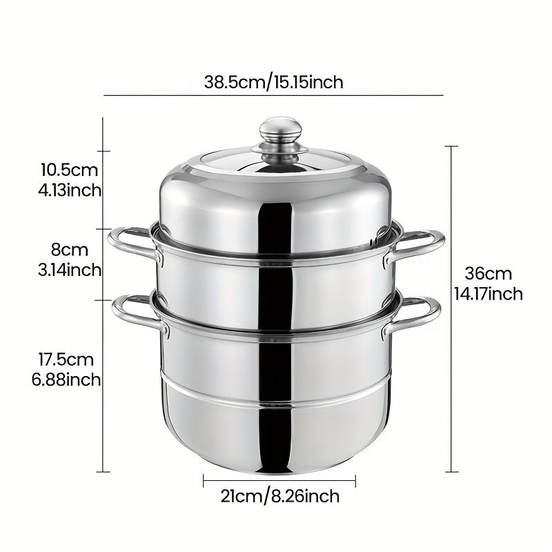 This versatile stainless steel steamer set includes a three-layer design with 1 soup pot, 1 steamer, 2 steamer plates, and 1 pot lid. With a deep capacity and multifunctional capabilities, this cooking pot can steam, boil, stew, and make soup with ease.