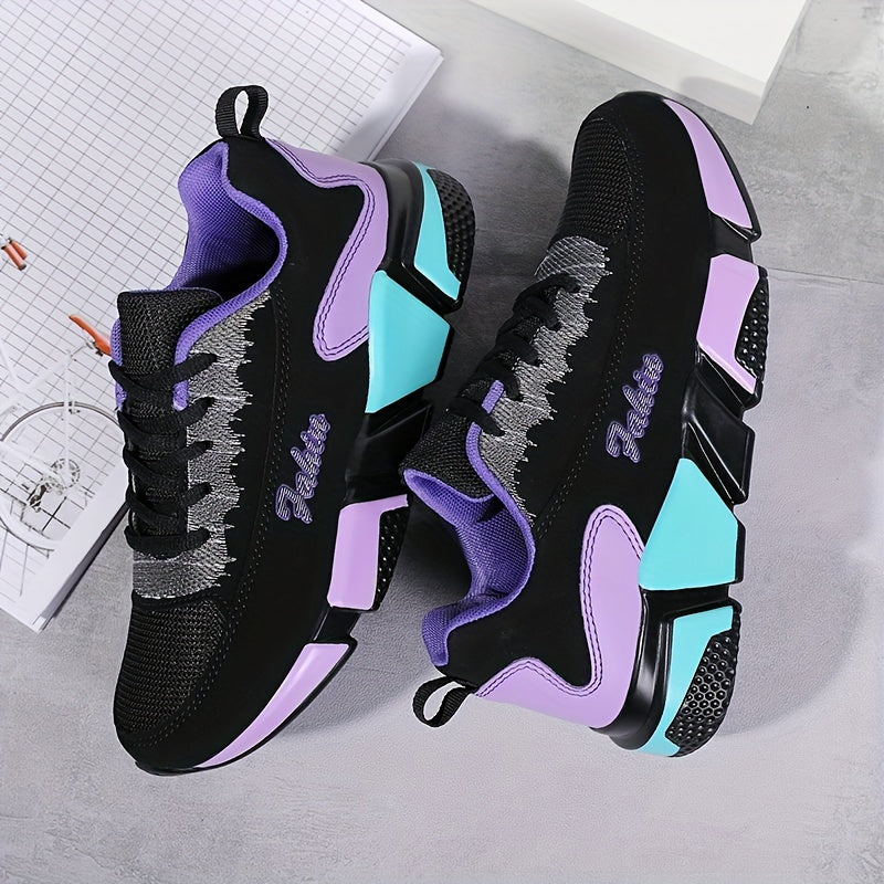 Women's Colorblock Sports Shoes: Casual lace-up sneakers for running and walking with breathable design.