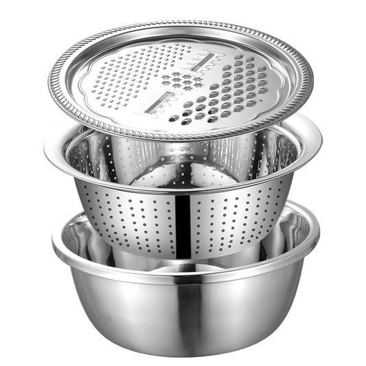 Three-piece BAIJL Stainless Steel Kitchen Grater Set with Multi-Functional Features, including a Food-Grade Thickened Draining Bowl with Vegetable Washing and Rice Strainer. Also includes a Mandoline Slicer for Potato, Carrot, and Cucumber.