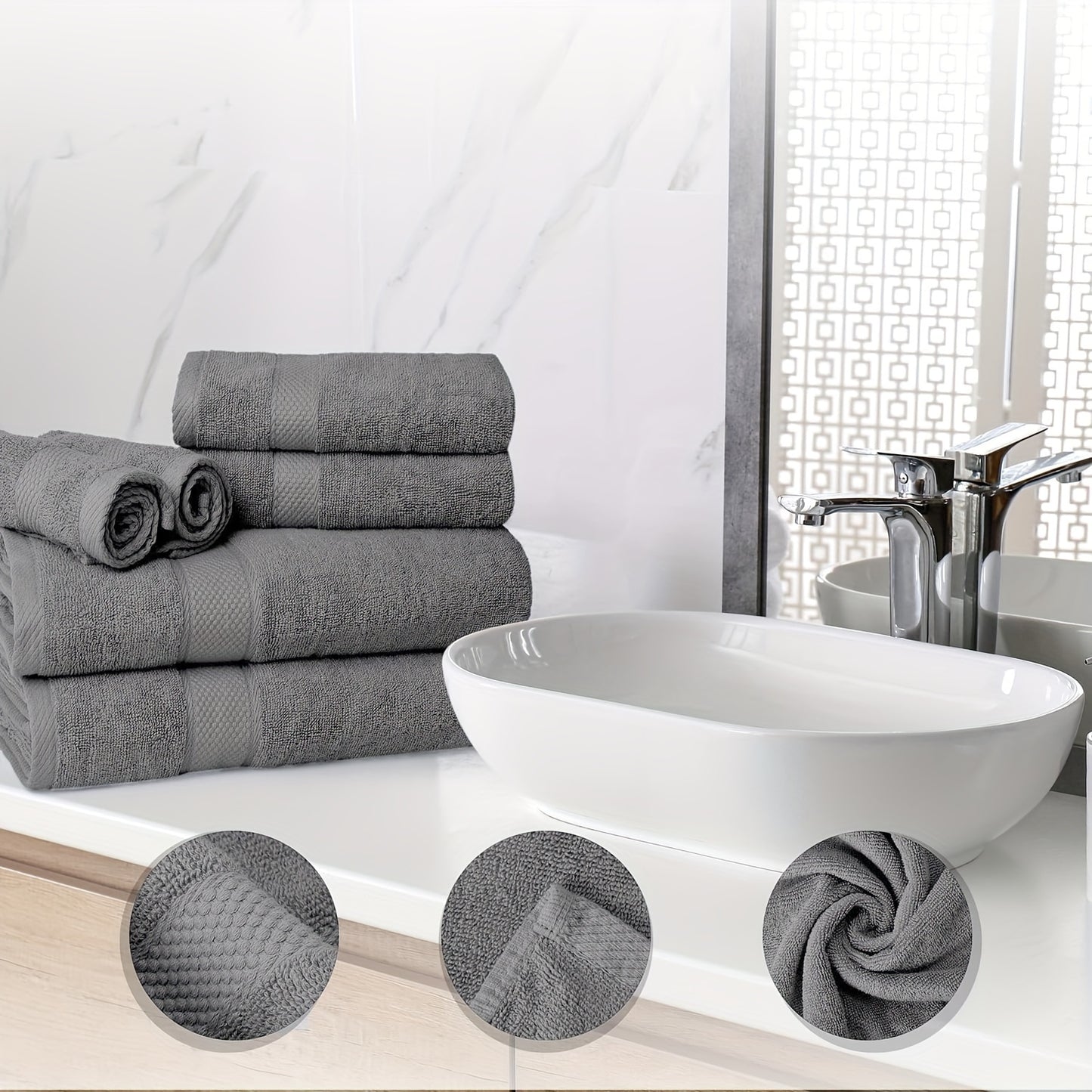 6-piece cotton towel set includes 2 bath towels, 2 hand towels, and 2 washcloths. Quick-drying, soft, and absorbent towels suitable for bathroom, gym, hotel, and spa use.