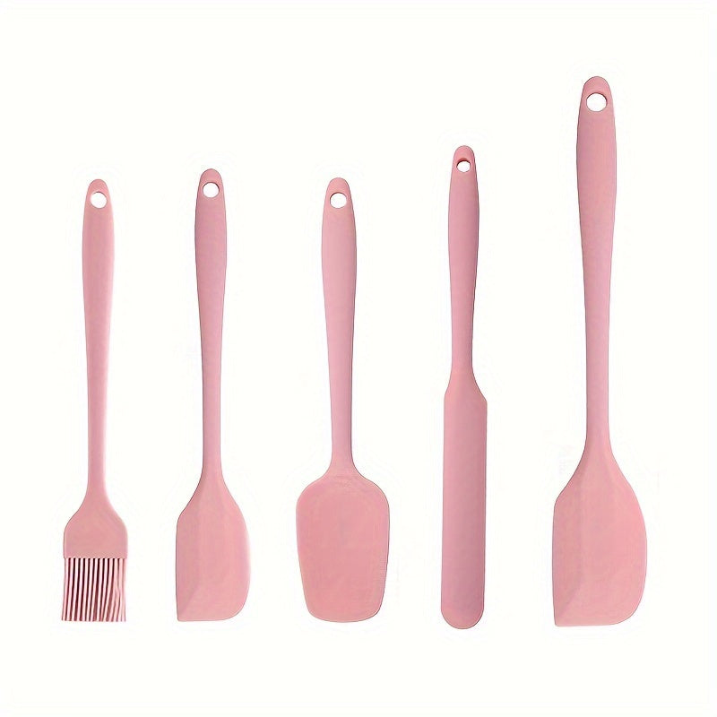 Set of 5-6 silicone spatulas, perfect for scraping cake cream and applying oil while baking. These tools are food-grade and also include a brush, making them essential kitchen gadgets and accessories.