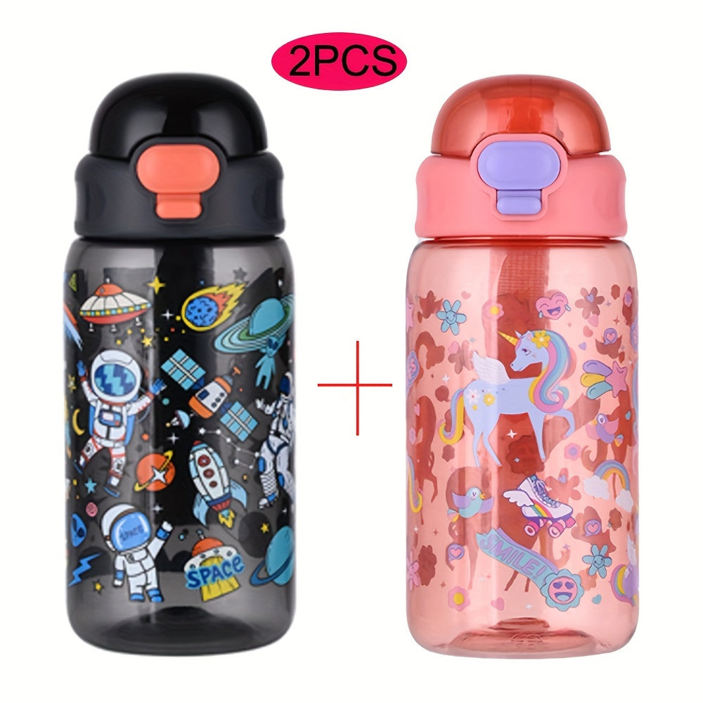 2 packs of 20oz thermal transfer cartoon pattern water cups with portable handles, perfect for home, outdoor activities, and gifts.