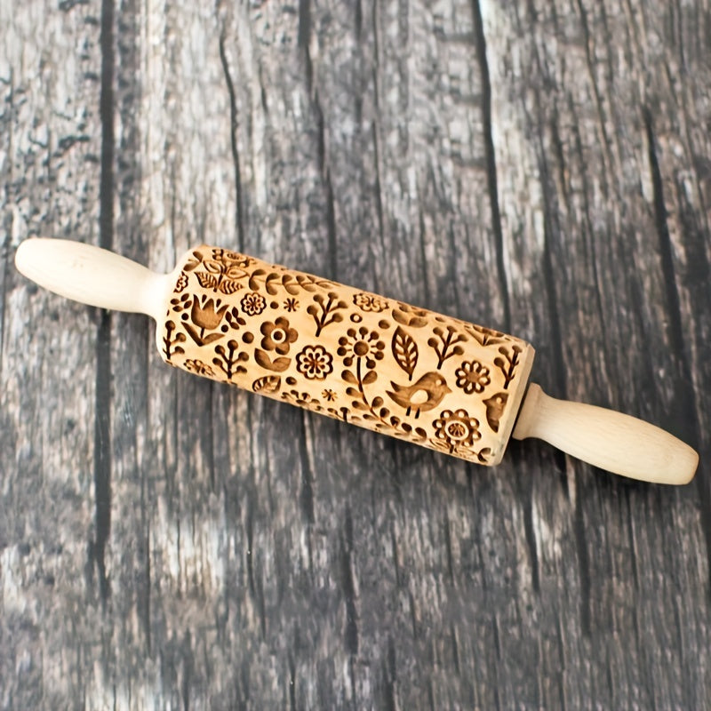 Wooden rolling pin with embossed patterns for biscuits - laser engraved for cookie dough with safe, decorative patterns - kitchen tool made of food-safe wood.