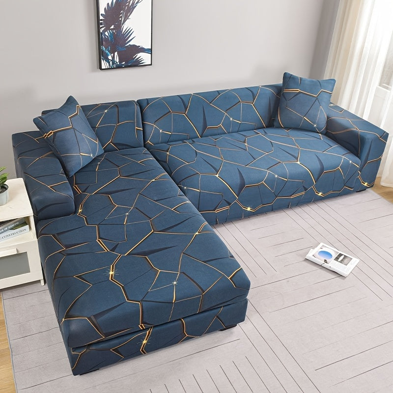 Modern geometric print sofa cover with golden accents, made of anti-dirty spandex blend. Fits 1/2/3/4-seater, L-shaped, and chaise lounges. Machine washable and perfect for living room decor.